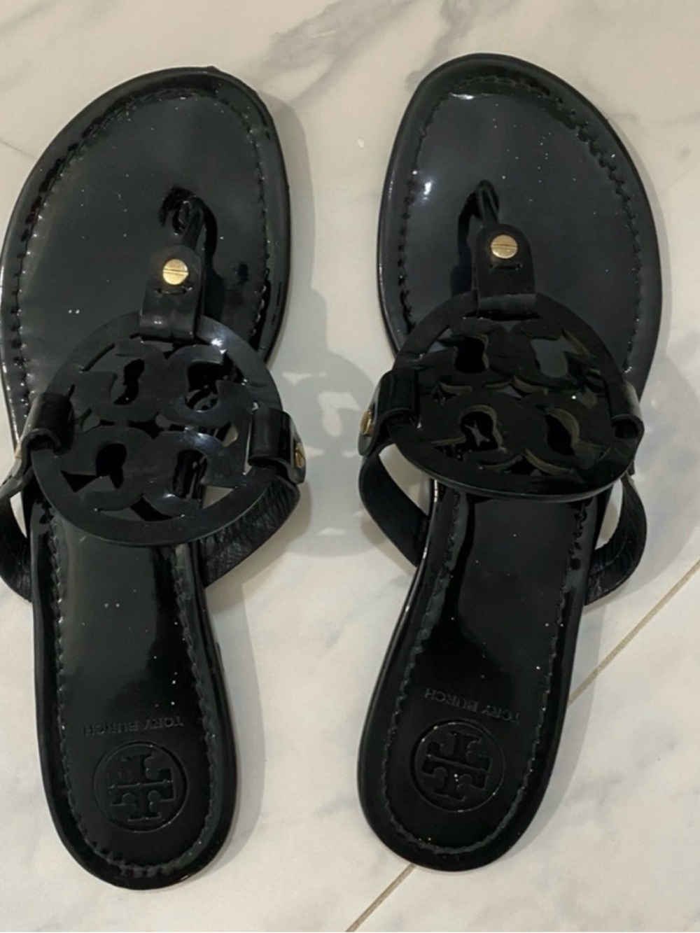 Tory Burch Black Patent Logo Thong Sandals